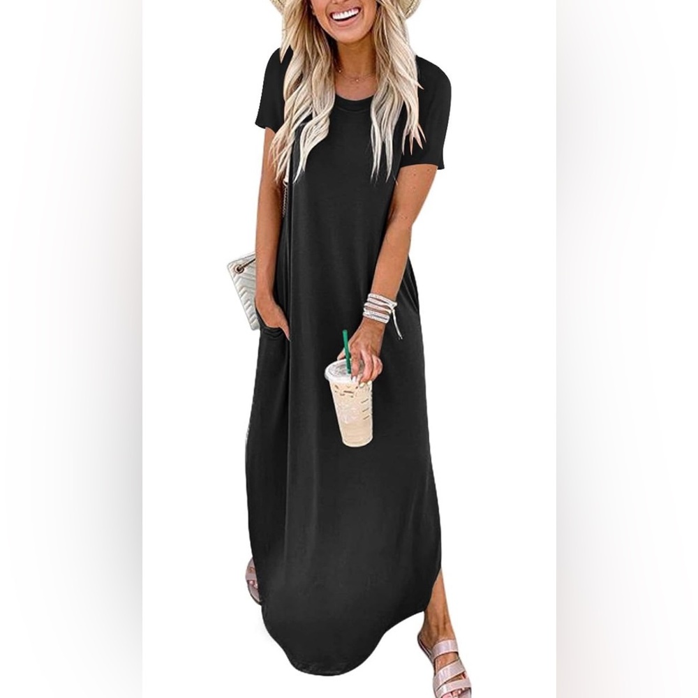 ANRABESS Women's Casual Loose Short Sleeve Long Dress Split Maxi Summer Beach